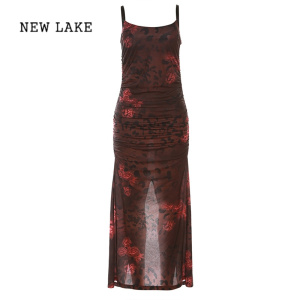 NEW LAKE复古国潮印花吊带裙女修身性感设计感连衣裙显瘦长裙子夏季