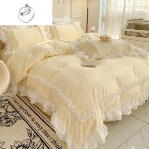 舒适主义韩式公主风ins水洗棉纯色床上四件套女床品床单三件套奶油风被套4