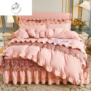 舒适主义欧式纯色水洗夹棉床裙式四件套蕾丝花边公主风床罩款春秋床上用品
