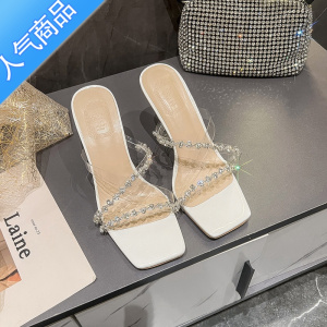 SUNTEK透明水钻高跟凉鞋女夏细跟玻璃水晶鞋凉拖鞋外穿大长腿2023年新款