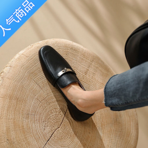 SUNTEK2022新款棕色法式复古一脚蹬单鞋软皮平底豆豆鞋英伦乐福鞋女