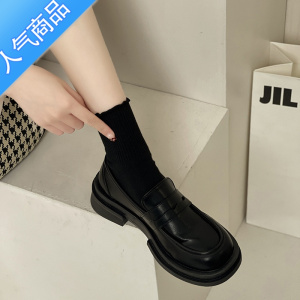 SUNTEK小皮鞋英伦风单鞋子女2022年春秋季新款一脚蹬厚底乐福鞋