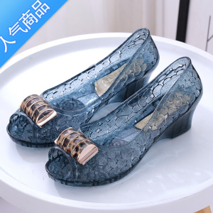 SUNTEK水晶高跟凉拖鞋女夏季果冻透明塑料浅口坡跟粗跟鱼嘴软底套脚单鞋