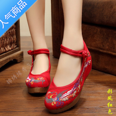 SUNTEK2021新款老北京布鞋女高跟古装中国风刺绣女内增高民族风红色婚鞋