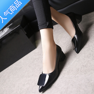 SUNTEK2023春季新款韩版女士百搭方扣单鞋中跟高跟粗跟尖头鞋浅口工作鞋