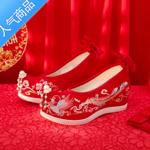 SUNTEK原创红色古风汉服婚鞋中式复古秀禾婚鞋高跟新娘结婚鞋坡跟绣花鞋