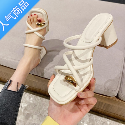 SUNTEK法式米白色一字带拖鞋女夏季外穿2023年新款粗跟方头高跟罗马凉鞋