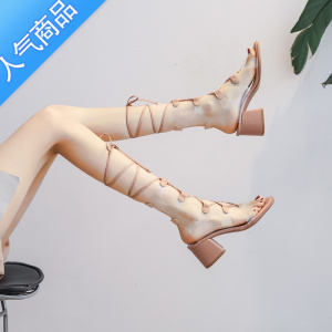SUNTEK绑带凉鞋女夏季罗马交叉系带粗跟透明性感绕腿脚环高跟小众设计感