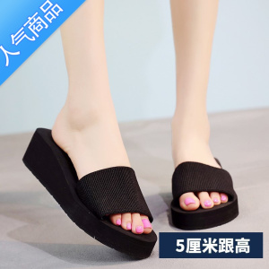SUNTEK.沙滩拖鞋女坡跟厚底一字拖鞋女夏时尚外穿松糕海边外出高跟凉拖