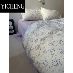 YICHENG少女慵懒风ins可爱小兔床上四件套水洗棉被套纯色床单三件套床笠3
