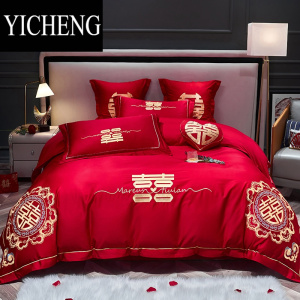 YICHENG结婚床上用品四件套大红色婚庆床品喜庆中式红色新婚被套床单刺绣