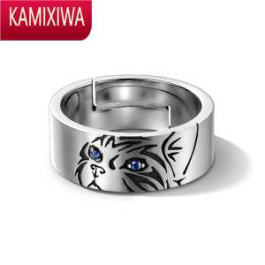 KAMIXIWA猫咪戒指银男潮小众设计感单身戒冷淡风个性食指环开口可调节