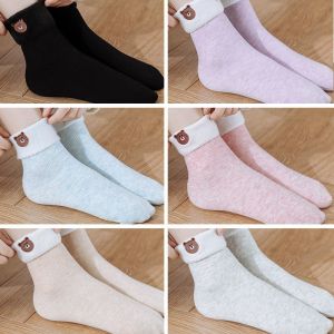 雪地袜子女士竖条刺绣秋冬加绒加厚中筒地板袜保暖袜