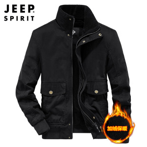 JEEP SPIRIT冬季拉链棉绿色袋盖挖袋青年合体型纯色加绒休闲棉服