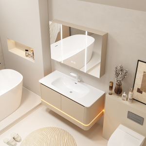 顶配[新款UX4]高级复式收纳专柜/贯穿氛围灯/多功能多角度折叠智能镜柜陶瓷一体盆浴室柜组合