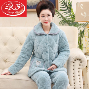 浪莎冬季珊瑚绒夹棉睡衣女中年妈妈中老年秋冬季三层加厚加绒保暖棉袄
