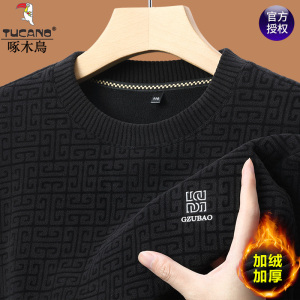 啄木鸟男士加绒加厚奥粒绒卫衣冬季新款时尚圆领保暖针织毛衣男装