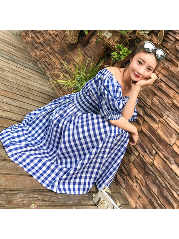 maggiequeen韩版清新绿格一字肩收腰格子连衣裙 8127-q534-p65-ls