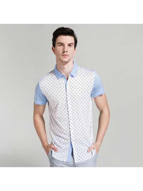 利郎夏季莱赛尔衬衫男士波点修身短袖衬衫型t恤5xtx115