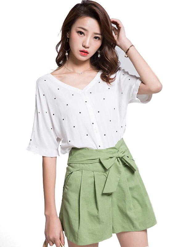 丝柏舍2018夏装新款白色波点短袖上衣绿色蝴蝶结短裤套装s72r0021