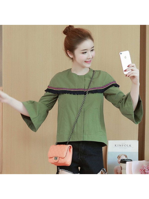 秋季新款民族苏外套女军绿色夹克宽松短款小外套潮 缔五季女士夹克